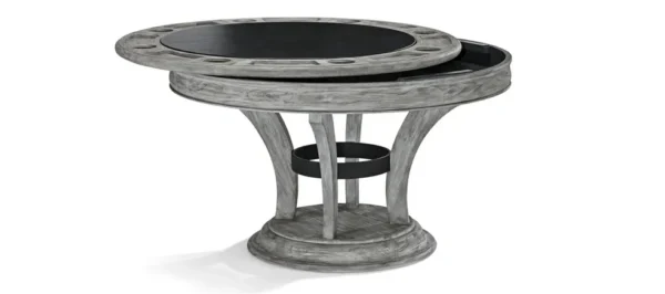 A round table with a black top and a metal base.