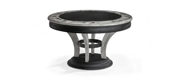 A black and silver side table with a black top.