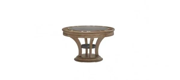 A wooden table with a glass top.