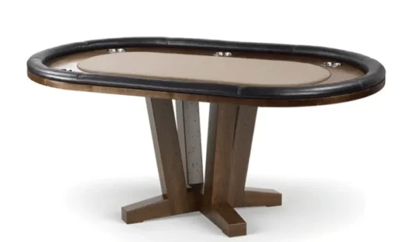 A poker table with a leather top and a wooden base.