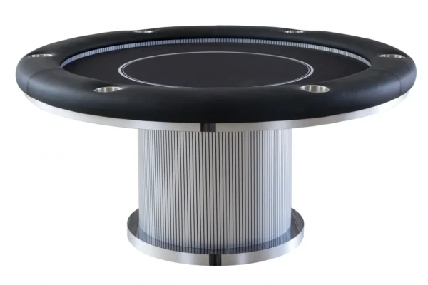 A black and silver poker table on a white background.