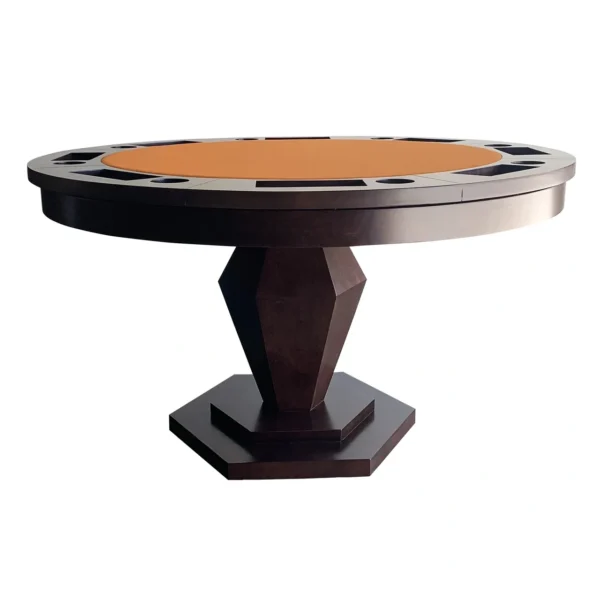 A round poker table with a brown leather top.