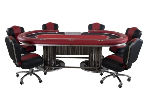 A poker table with red and black chairs.