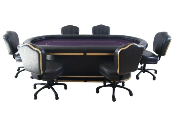 A black and purple poker table with six chairs.