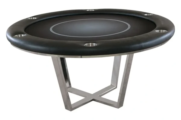 A poker table with a black leather top.