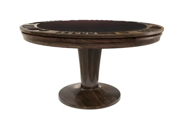 A round wooden table with a glass top.