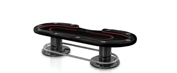 A black and red poker table with two legs.