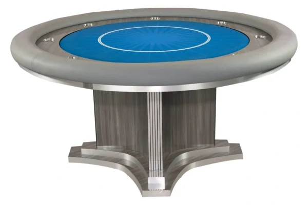A poker table with a blue top.