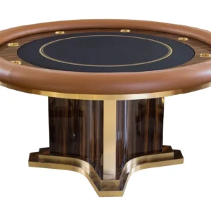 A poker table with a black leather top and gold base.