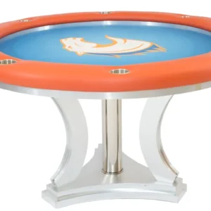 A poker table with an orange and blue logo on it.