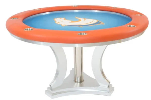 A poker table with an orange and blue logo on it.