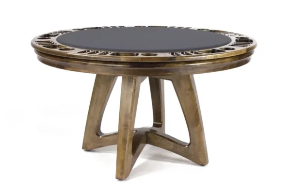 A poker table with a black top and a wooden base.