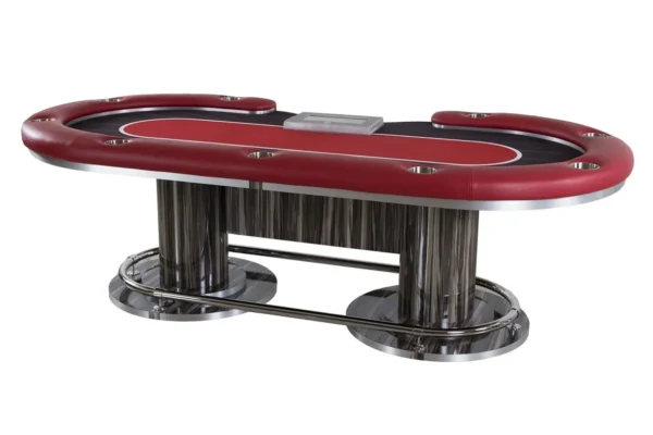 A poker table with a red and black top.