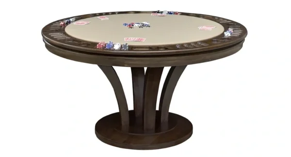 A poker table with poker chips on top.