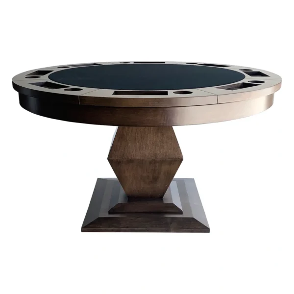 A poker table with a black top and a wooden base.