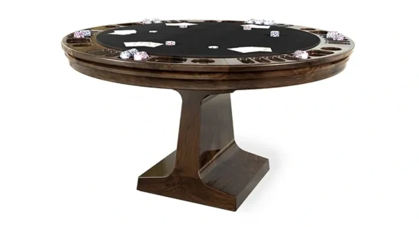 A poker table with a black cloth on top.