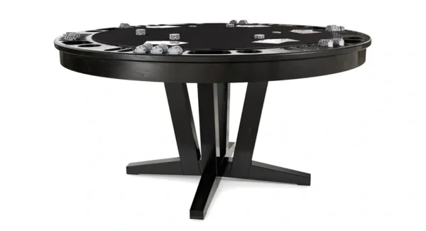 A black table with a poker game on top.