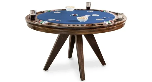A poker table with a blue cloth and chips.