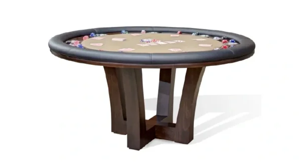 A poker table with poker chips on top.