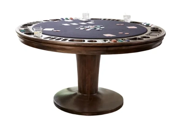 A poker table with a round top and a set of cards.