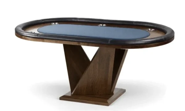 A poker table with a blue top and a wooden base.