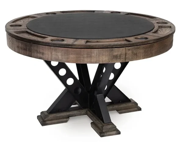 A round table with a black top and metal legs.