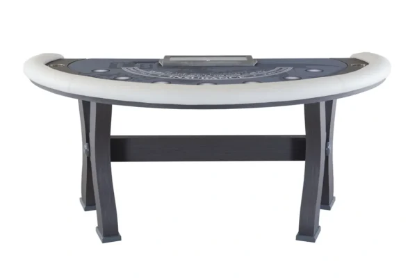 A black and white baccarat table with a black top.