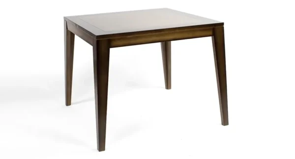 A square table with a wooden base and a glass top.