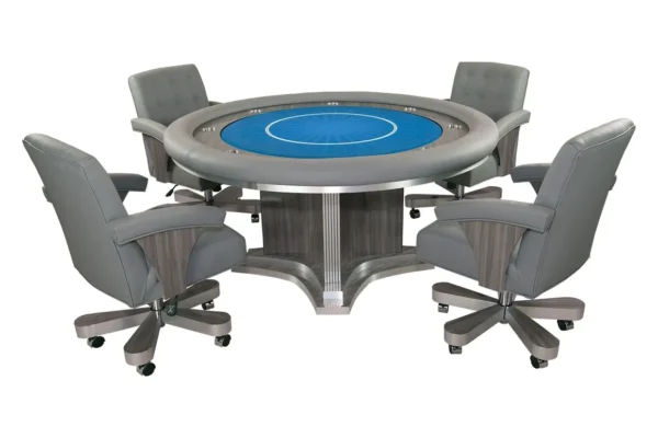 A poker table with four chairs and a blue table top.