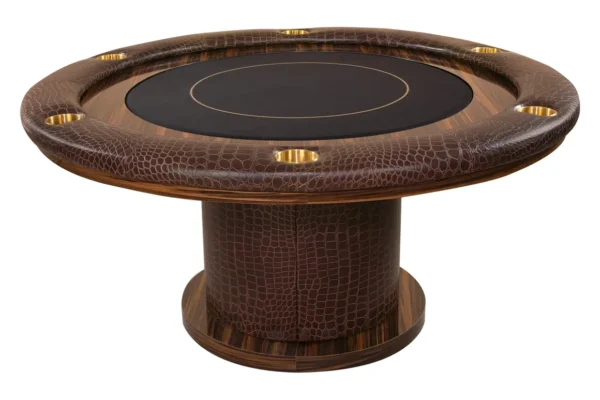 A brown crocodile leather poker table with a gold base.
