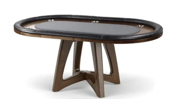 A poker table with a black top and a wooden base.