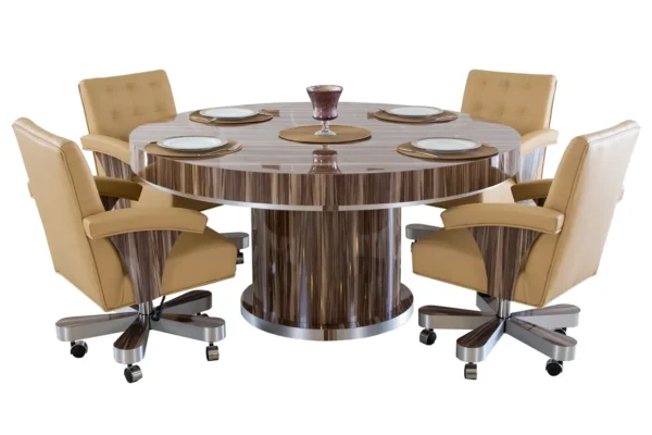 A round dining table with four chairs.