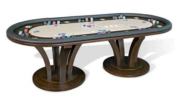 A poker table with chips and chips on it.