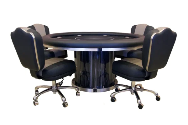A black and grey poker table with four chairs.