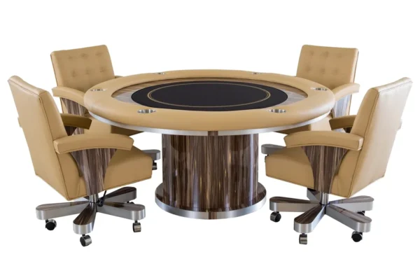 A poker table with four chairs and a glass top.