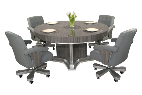 A round table with four chairs and a vase.