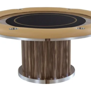 A poker table with a round top and a tan leather seat.