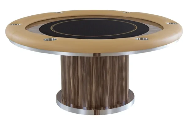 A poker table with a round top and a tan leather seat.