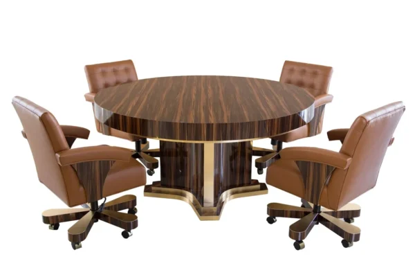 A round table with four chairs on it.