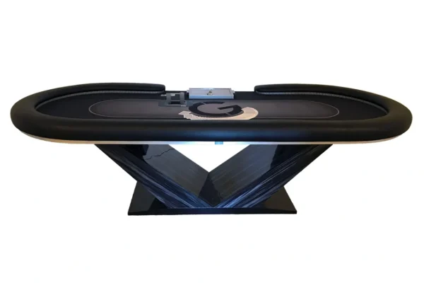 A black poker table with a black leather top.