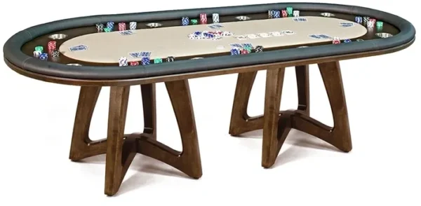 A poker table with chips and chips on it.