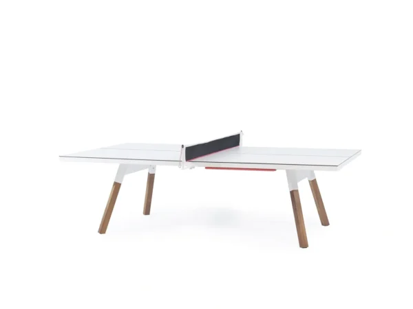 A white ping pong table on a white background.