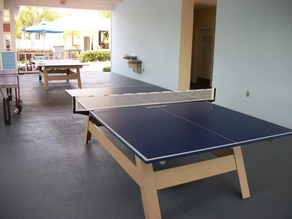 Outdoor table tennis in blue and cream