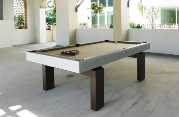 A pool table in an outdoor area.
