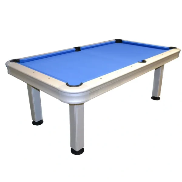 A pool table with blue cloth on a white background.