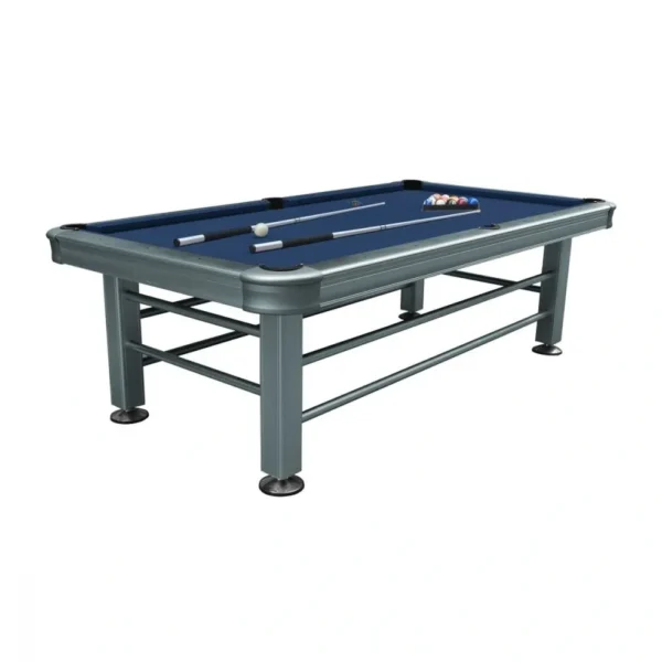 A pool table with a blue cloth and pool cues.