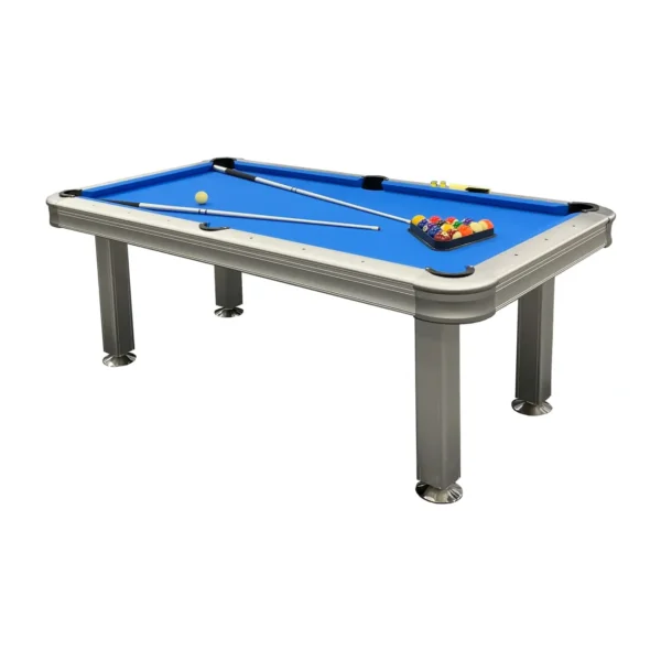 A pool table with a blue cloth and cues.