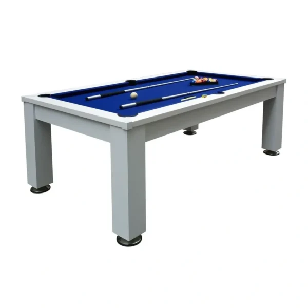 A pool table with a blue cloth.