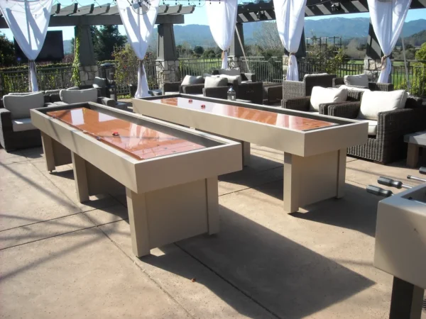 Shuffleboard tables on a patio in california.