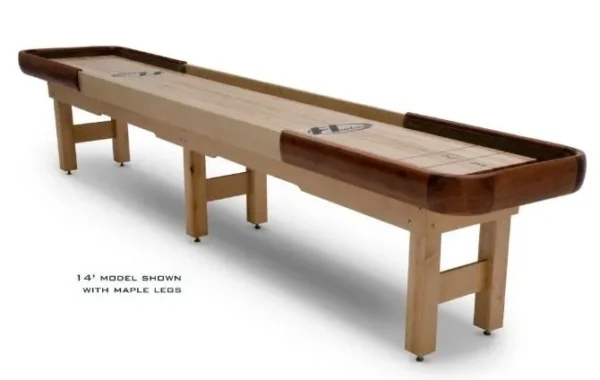 A shuffleboard table with a wooden top.